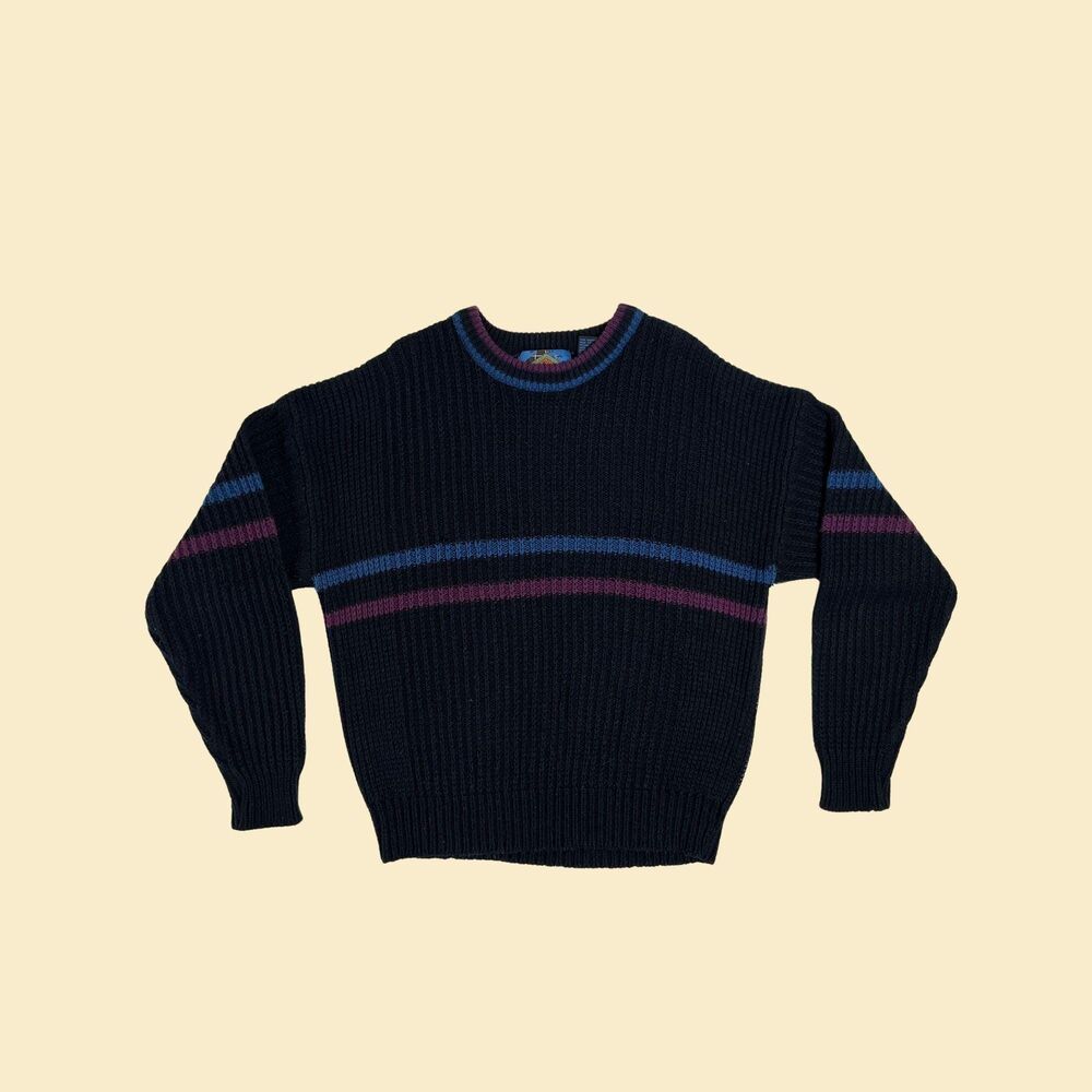 Vintage 80s L striped sweater, 1980s Weekends black/blue/purple knit crewneck
